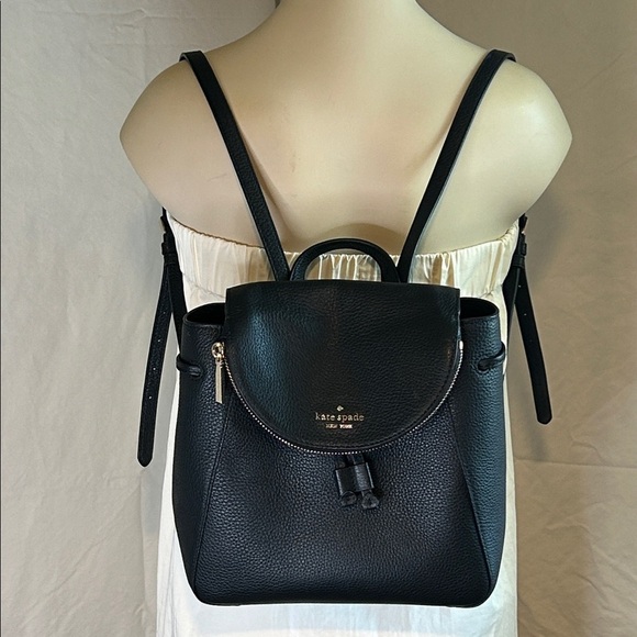 KATE SPADE LIELA MEDIUM FLAP BLACK BACKPACK DRAWSTRING LEATHER BAG - Picture 1 of 15